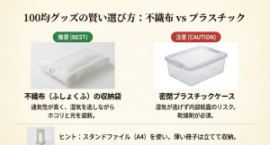 100均グッズ活用法：通気性の良い不織布収納袋とプラスチックケースの比較