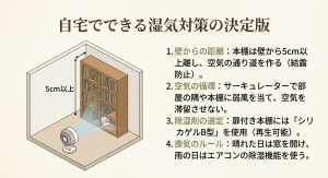 本棚の湿気対策図解：壁からの距離とサーキュレーターの活用法