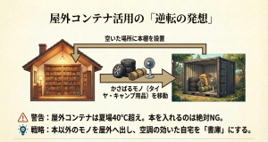 屋外コンテナ活用の逆転発想：本以外の荷物を預けて書斎スペースを確保する