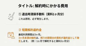 スペラボの短期解約違約金と退去時清掃手数料の発生条件