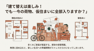 現在の広い住居と手狭な仮住まいの間取り比較、および溢れる荷物のイラスト