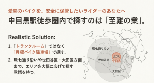 中目黒から世田谷区・大田区・環七通り沿いまで広げたバイクガレージ探索エリアの地図