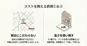 中目黒駅から徒歩15分圏内の地図と0.5畳のスペースをラックで立体活用するイラスト