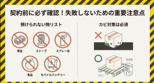 現金、ストーブ、スプレー缶、食品など預けられない物と、すのこ・除湿剤によるカビ対策の図解