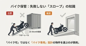 バイク保管時のラダーレールの段差と転倒リスクの注意喚起図