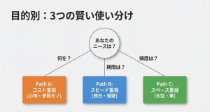 目的別に最適なトランクルームを選ぶためのチャート図。コスト重視、スピード重視、スペース重視の3つのパスを示している。