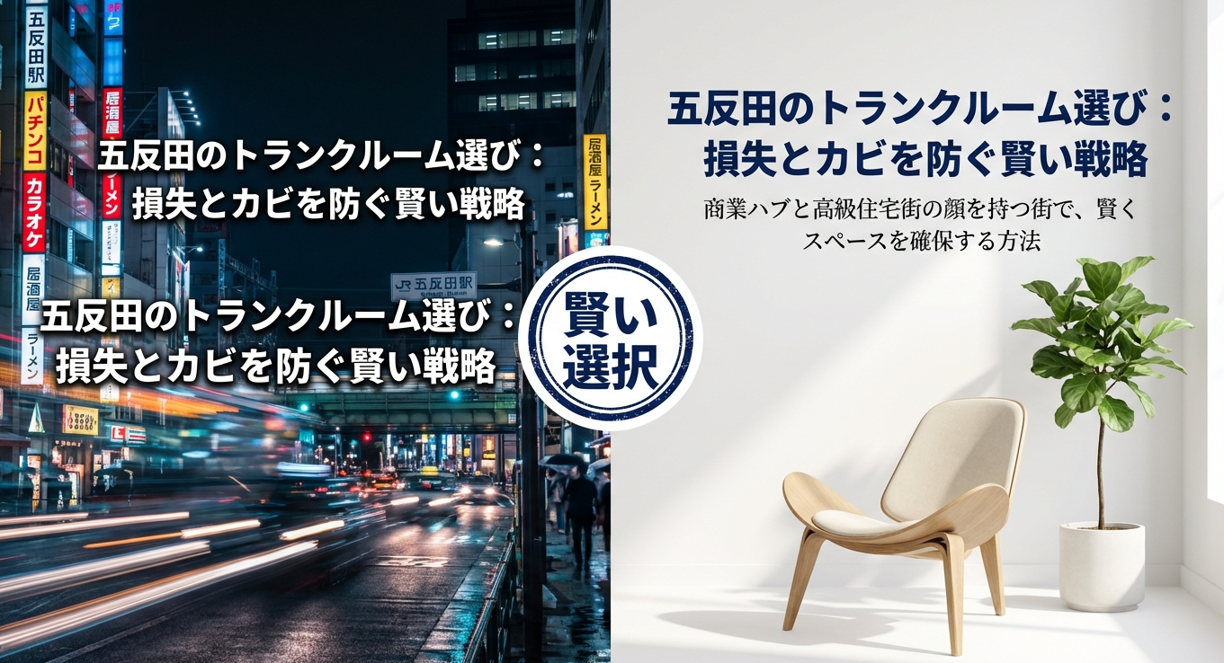 「五反田のトランクルーム選び：損失とカビを防ぐ賢い戦略」のアイキャッチ画像。商業ハブと高級住宅街の顔を持つ五反田で、賢くスペースを確保する方法を解説した表紙スライド。