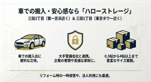三田3丁目や東京タワー近くにあり、駐車場完備と大手警備会社のセキュリティが魅力のハローストレージ