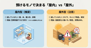 屋内型（服、本、家電向け）と屋外型（タイヤ、キャンプ用品向け）の適正と理由を比較したイラスト