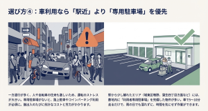 京橋駅前の道路混雑とトランクルーム専用駐車場の利便性比較イラスト