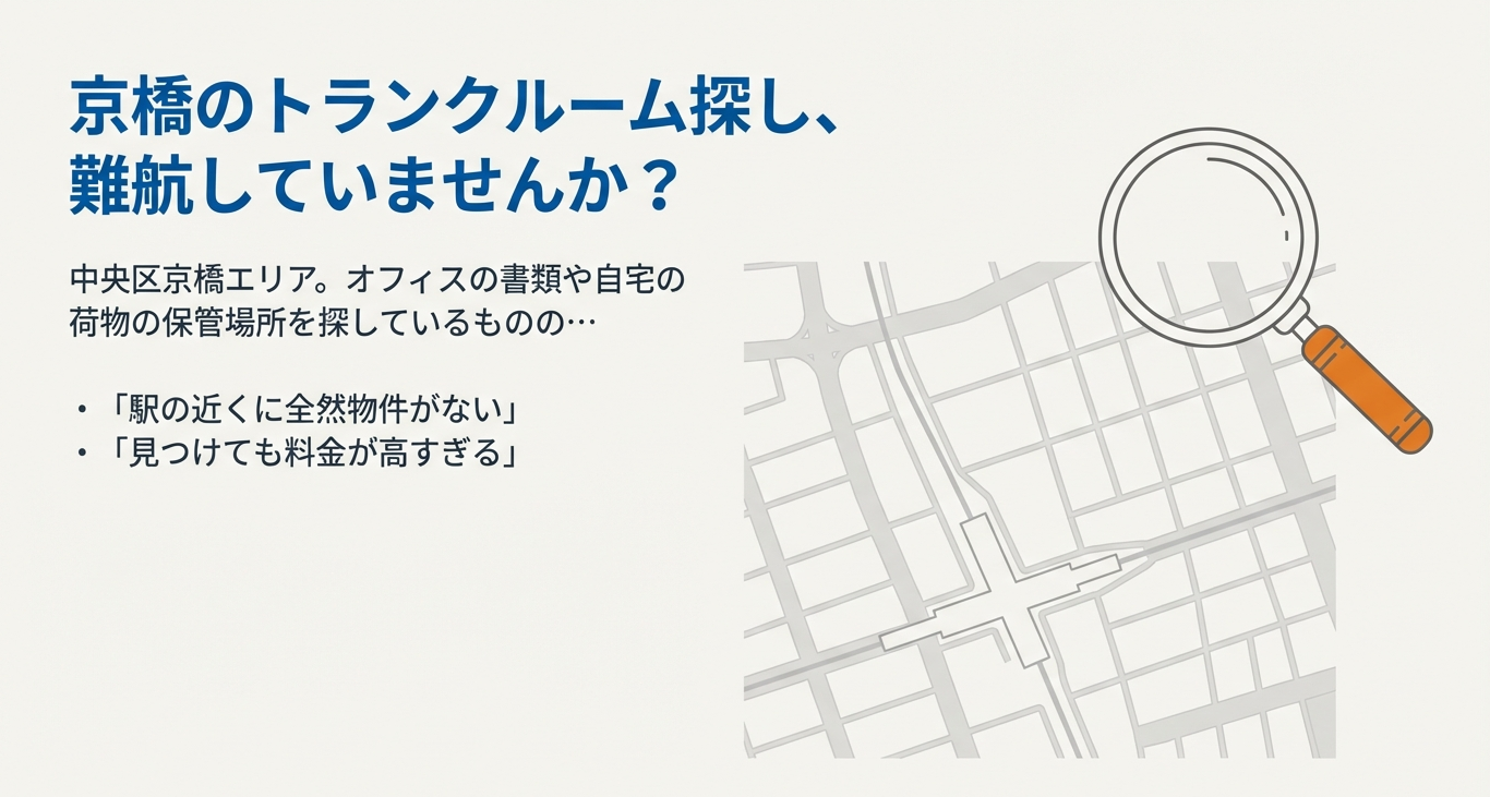 京橋エリアの地図を虫眼鏡で覗いているイラスト。「京橋のトランクルーム探し、難航していませんか？」というコピー。