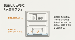 コンテナの水害リスク対策として棚の上段を活用するイラスト