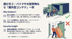 屋外型コンテナトランクルームに車を横付けしてバイクや荷物を搬入するイラスト
