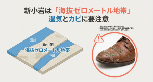 荒川と中川に挟まれた新小岩の地形で、カビが生えた革靴の画像と共に湿気対策の重要性を訴えるスライド