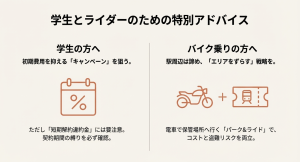 学生向けのキャンペーン活用術とバイクのパーク＆ライド戦略