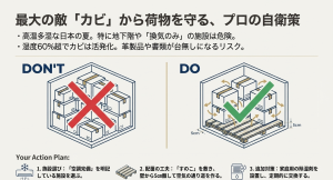 トランクルームでの荷物の置き方。すのこを敷き壁から5cm離して空気の通り道を作る正しい配置図（DO/DON'T）