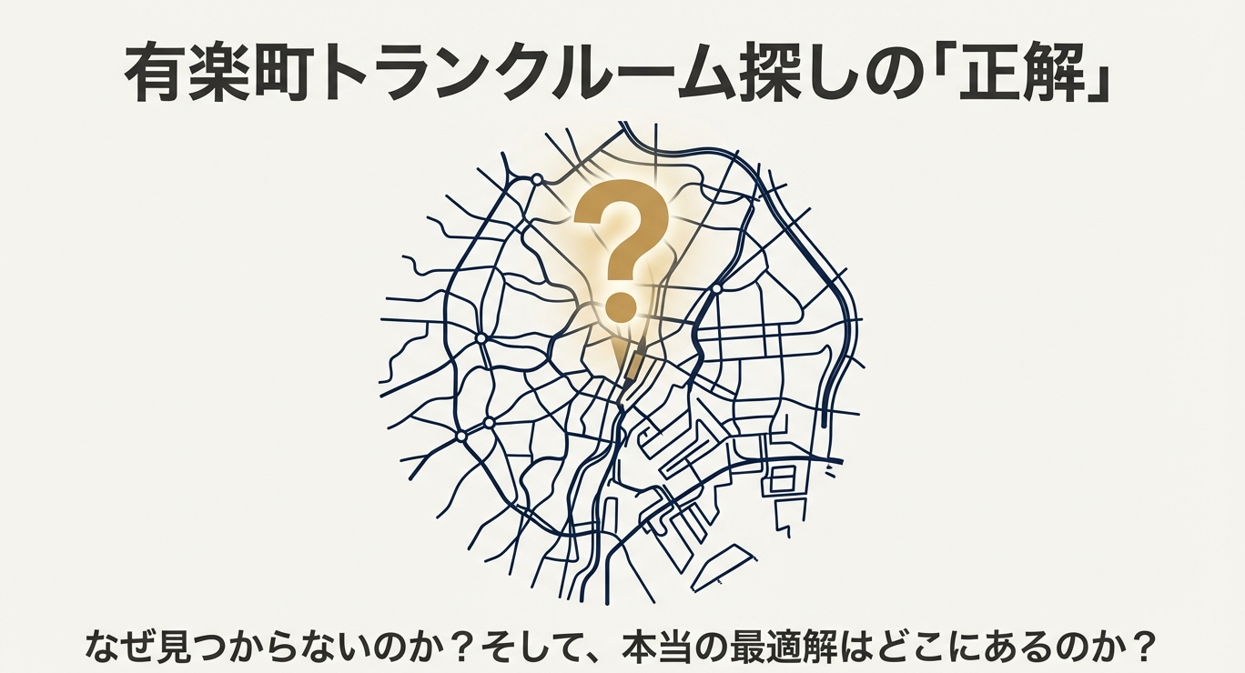 有楽町駅周辺の地図にクエスチョンマークが表示された、トランクルーム探しの課題を示すイメージ画像