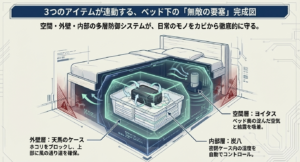 天馬のケース、炭八、ヨイタスが連動するベッド下の多層防御システム