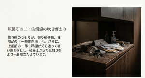 鍵や郵便物、日用品の「一時置き場」となり乱雑に積み上がった玄関カウンターの写真