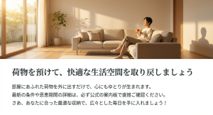 荷物を預けて心にゆとりが生まれ、広々とした毎日を手に入れるイメージ。