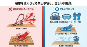 掃除機による吸引を避けるべき理由と、防塵マスクやゴーグルを着用し、こすらず静かに拭き取り、扇風機で完全乾燥させる正しいプロセスの図解