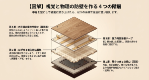 床下収納をDIYで封印する手順を図解。既存の床に対し、はがせる養生テープ、強力両面テープ、木目調のクッションフロアの4つの階層で視覚的・物理的な防壁を作る方法