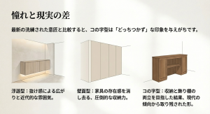 抜け感のある浮遊型、存在感を消す壁面型、収納と飾り棚の両立を目指したコの字型の比較イラスト
