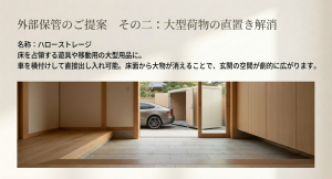 車を横付けして直接出し入れができ、玄関の床から大型用品をなくせるトランクルームのイメージ