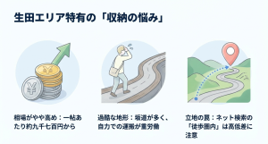生田エリアのトランクルーム相場と坂道などの地域特有の悩み