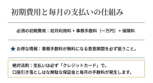初月利用料や事務手数料などの必須初期費用の解説と、クレジットカード支払いを推奨する仕組み。