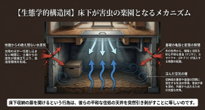 床下が害虫の楽園となるメカニズムを図解。地面からの水蒸気、基礎の亀裂や配管の隙間からの侵入経路、淀んだ空気の層が害虫の死角となることを示しています