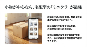 フローリングに置かれた段ボール箱と、スマホで専用保管庫の荷物を写真管理している画面イメージ。