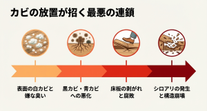 表面の白カビや嫌な臭いから始まり、黒カビ・青カビへの悪化、床板の剥がれと腐敗、最終的にシロアリの発生と構造崩壊に至るカビ被害の連鎖図