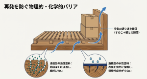 すのこを敷いて空気の通り道を確保する物理的バリアと、内部深くに浸透する油性塗料や表面を保護する水性塗料などの化学的バリアの図解