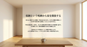 床下収納の不快な深淵を美しく封印し、荷物を現代の洗練された外部空間へ逃がすことで、いつでも人を呼べる美しい毎日が始まるという締めくくりのメッセージ