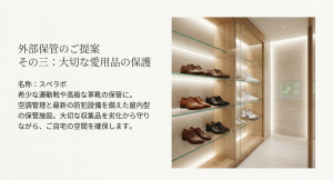 空調管理と最新の防犯設備を備えた屋内で、希少な靴を劣化から守りながら綺麗に保管するイメージ