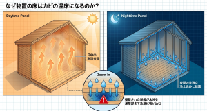 日中の高温多湿と夜間の急激な冷え込みによる結露が、物置の床にカビを発生させるメカニズムの図解