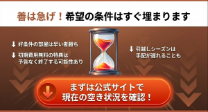 初期費用無料特典や好条件の部屋を確保するための公式サイトでの空き状況確認のすすめ