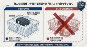 密閉ケース内の湿度を自動調整する調湿木炭の炭八と使い捨て除湿剤の罠