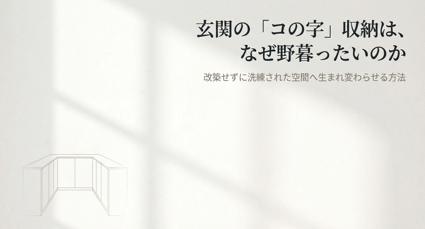 玄関の「コの字」収納が野暮ったい理由と洗練された空間への改築方法を示すイラスト