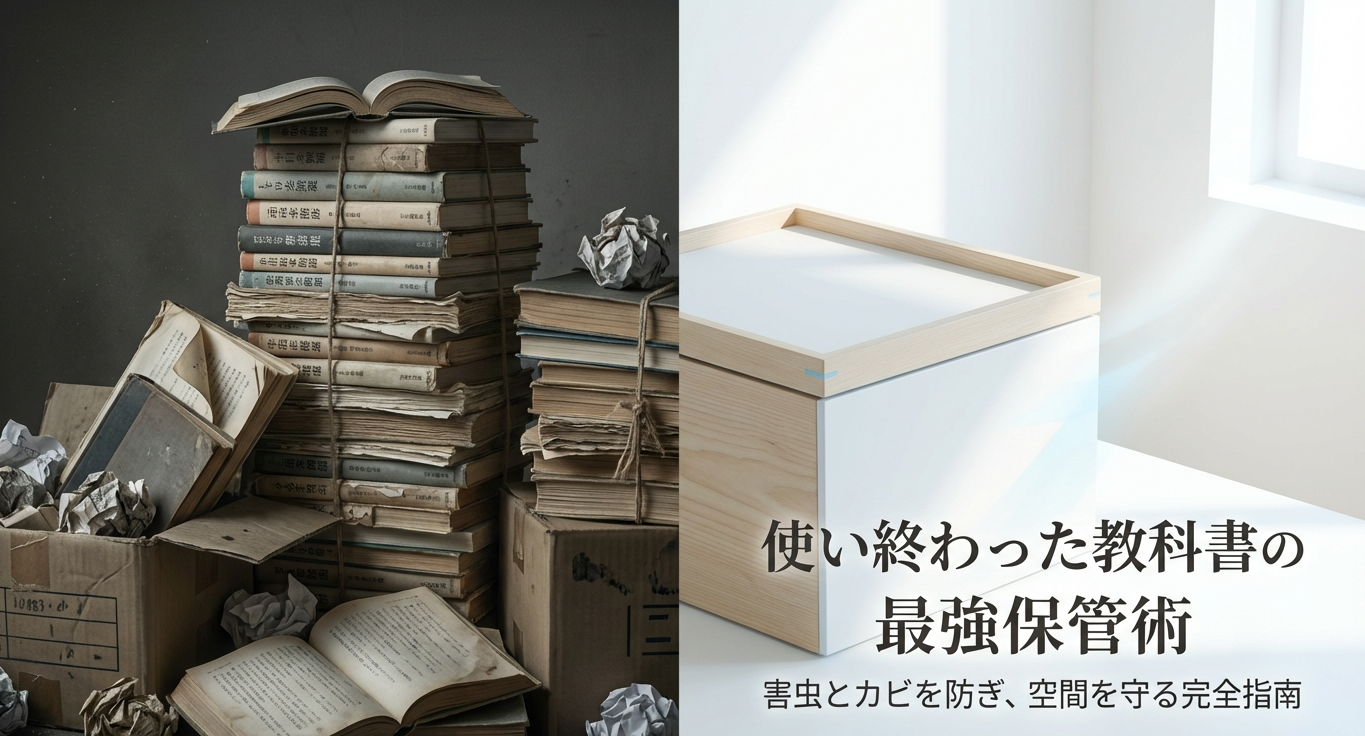段ボール箱での保管によるカビと害虫（チャタテムシ等）発生のリスクを示す警告画像