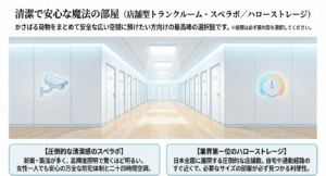 防犯カメラと24時間空調が完備された、明るく清潔で安心な屋内型トランクルームの廊下
