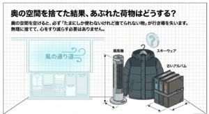 押入れの奥の空間を捨てたことで行き場を失った扇風機、スキーウェア、古いアルバムなどの捨てられない荷物