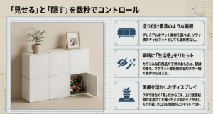 マット素材の収納ケースを活用し、扉を閉めて生活感を隠しつつ、天板に観葉植物などの小物を飾るリビングでの活用例