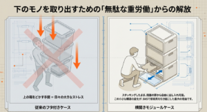 収納ケースの深いジョイント機構、マグネット式の扉、厚さ約7cmになる折りたたみ構造のメリットを解説した図
