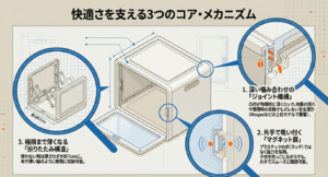 収納ケースの深いジョイント機構、マグネット式の扉、厚さ約7cmになる折りたたみ構造のメリットを解説した図