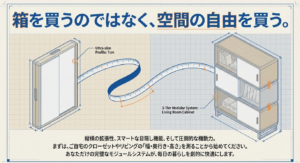 わずか7cmに折りたためる構造と、縦横の拡張性を活かしてリビングのキャビネットとして美しく収まった3段モジュールシステムの図解