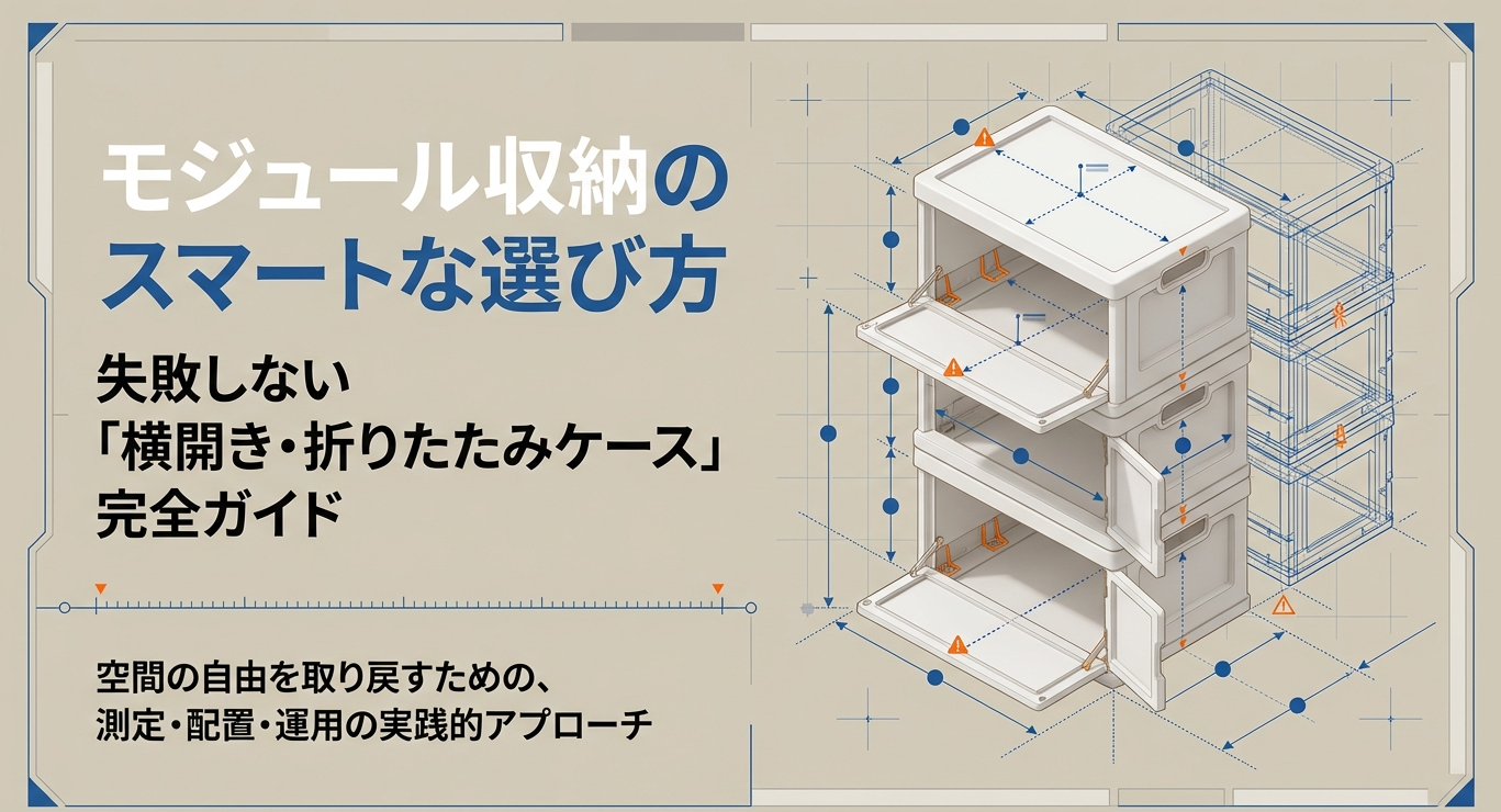 3段に積み重ねられた、扉付き折りたたみ収納ケースのイラストと「空間の自由：モジュール式・折りたたみ収納システム」というタイトルが描かれた、ストレージ情報ナビのアイキャッチ画像。