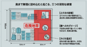 押入れの奥30cmに無理に荷物を詰め込むことで発生する、ふすまの破壊、腰へのダメージ、カビの温床という3つの深刻な被害