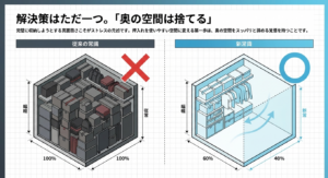 空間を100%詰め込む従来の常識に対し、奥の40%を捨てて手前60%だけを活用する押入れ収納の新常識